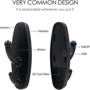 Cámara espía negra oculta en perchero, con detalles de botón, USB, SD, ON/OFF y indicador.