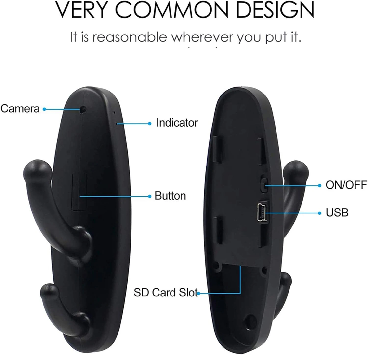 Cámara espía negra oculta en perchero, con detalles de botón, USB, SD, ON/OFF y indicador.