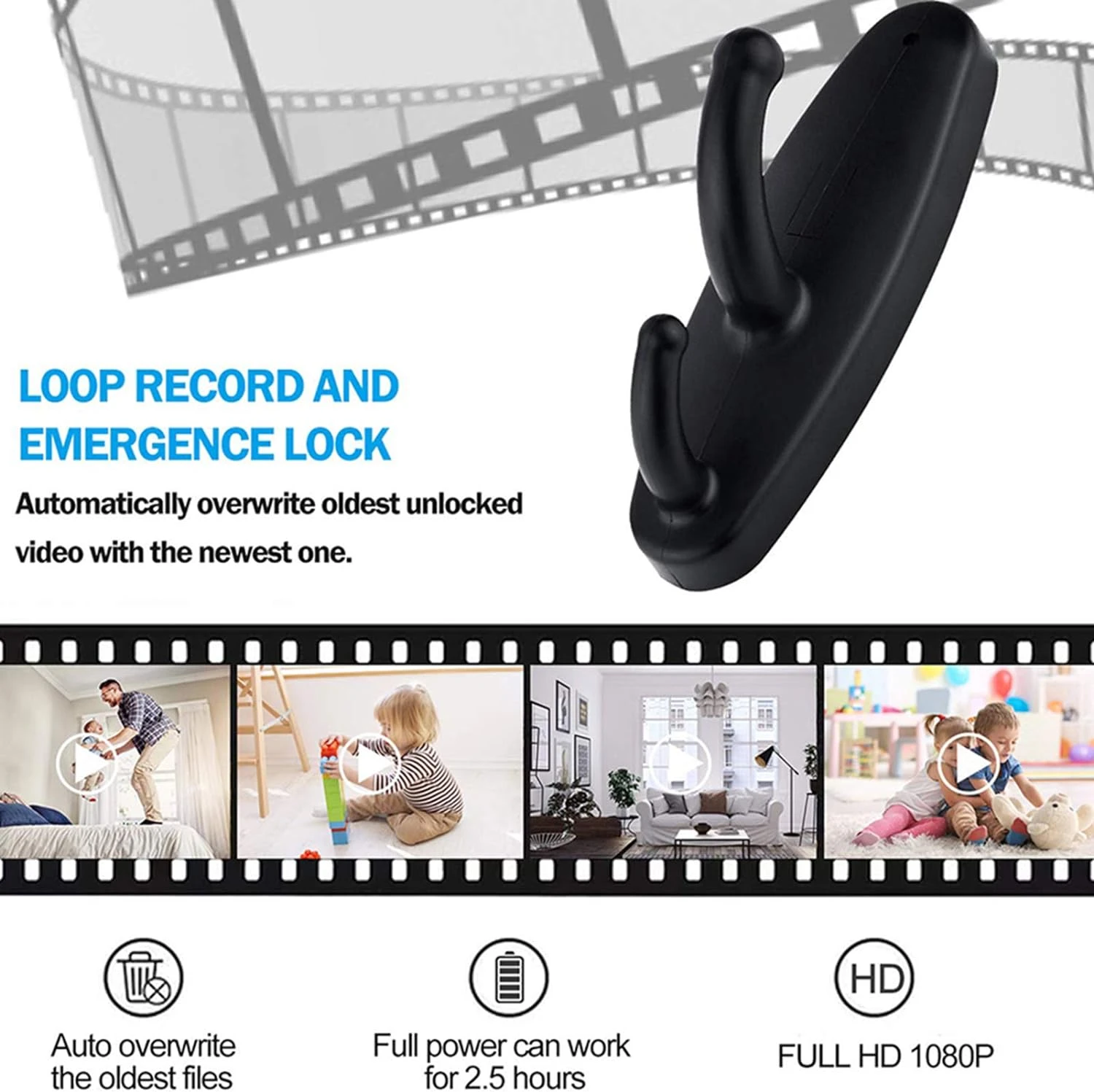 Perchero negro con cámara espía oculta, útil para grabar video 1080p en bucle, ideal para seguridad del hogar.