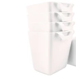 Cuatro organizadores blancos apilados con asas para colgar, 12 cm de ancho.