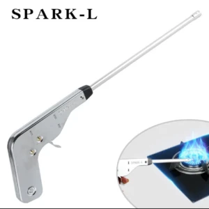 Pistola encendedor metálica plateada con varilla larga para cocina, ideal para hornos.
