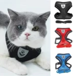 Arnés pechera chaleco para gato, negro, de malla transpirable, con correa, similar a modelos rojos y azules.