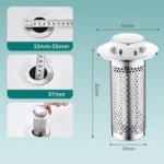 Tapón de desagüe para lavabo de acero inoxidable SUS304 con filtro, 82mm de alto, 55mm de diámetro superior, 33mm de diámetro inferior.