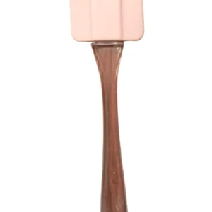 Espátula de silicona color rosa con mango largo traslúcido y orificio en el extremo para colgar, ideal para repostería y mezcla de ingredientes.