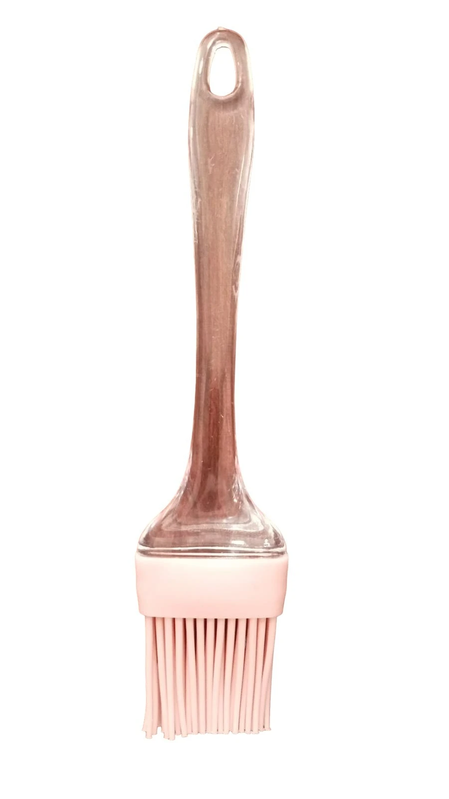 Brocha de cocina color rosa con cerdas de silicona flexibles y mango transparente, diseñada para aplicar salsas o aceites en alimentos de forma uniforme.