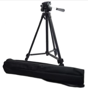 Trípode Diskon 3540 negro, plegable, con bolso de transporte. Ideal para fotografía y video estable.