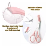 Tijera para cejas rosada con peineta integrada, acero inoxidable, ideal para perfilar cejas con precisión.