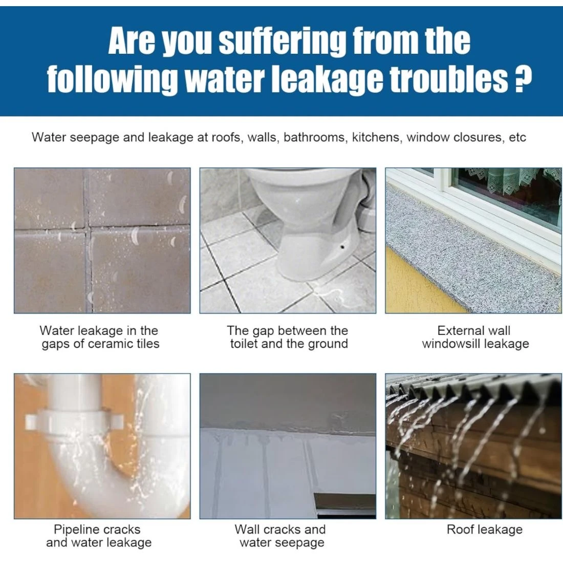Panel informativo de silicona impermeable de 300 ml que muestra soluciones para fugas en baldosas, inodoros, ventanas, tuberías, grietas y techos.