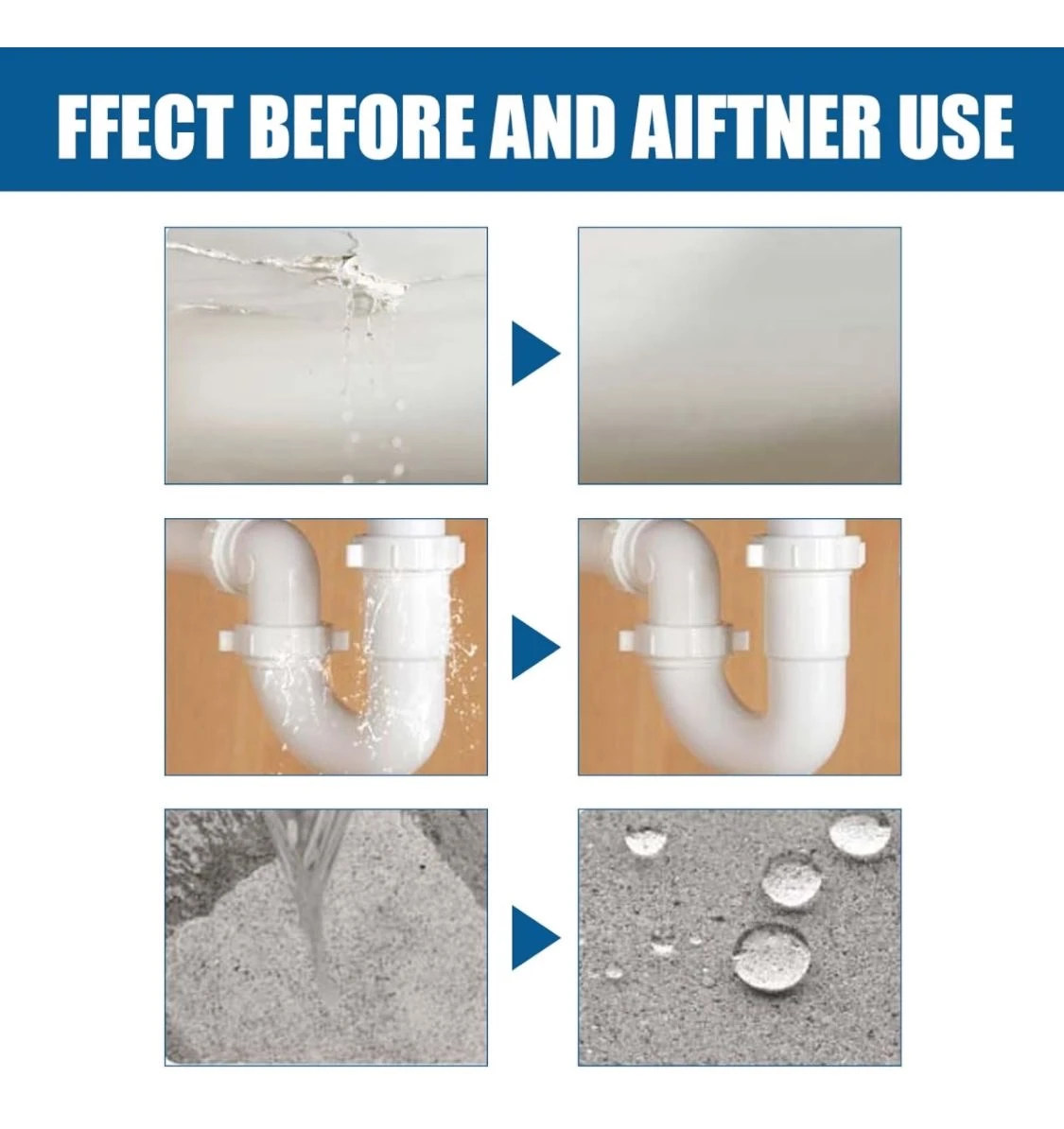 Comparativo de Silicona Impermeable 300ml sellando filtraciones en techos, tuberías y superficies de concreto con efecto hidrofóbico antes y después.