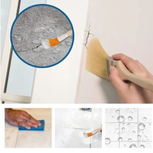 Silicona impermeable transparente de 300ml aplicada con brocha para sellar grietas en paredes y juntas de baldosas con efecto repelente al agua.