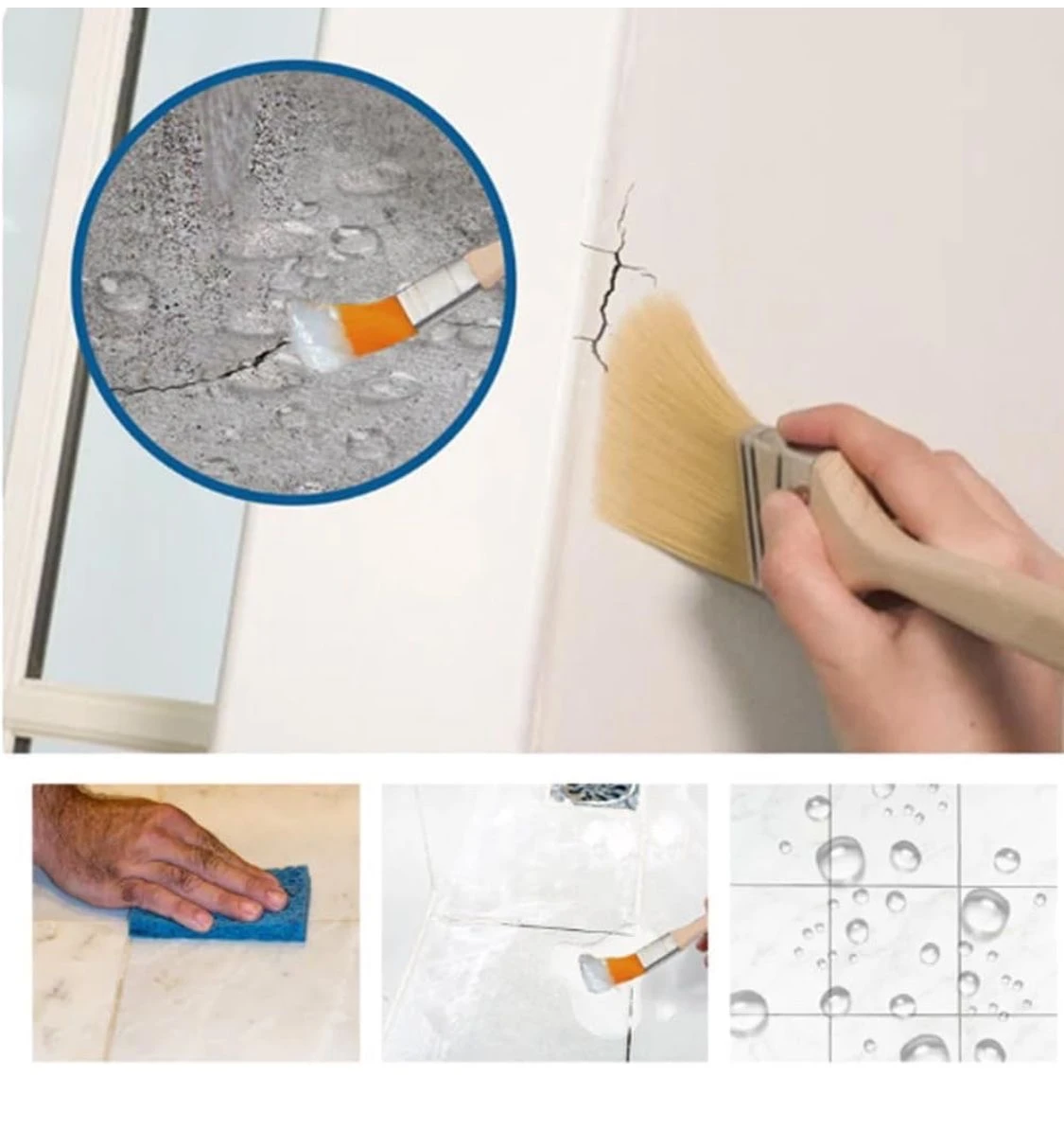 Silicona impermeable transparente de 300ml aplicada con brocha para sellar grietas en paredes y juntas de baldosas con efecto repelente al agua.