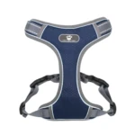 Arnés azul para perro mediano/grande, ajustable, con detalles reflectantes y estampado de panal.