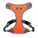 Arnés de entrenamiento para perros grande, naranja y gris, ajustable, con detalles reflectivos y logo de huella.