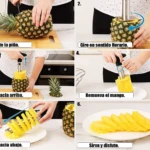 Pelador de piña en acción: pasos para cortar y extraer la pulpa de una piña en espiral.