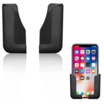 Set x2 soportes adhesivos negros texturizados para smartphone, uno con teléfono iPhone.