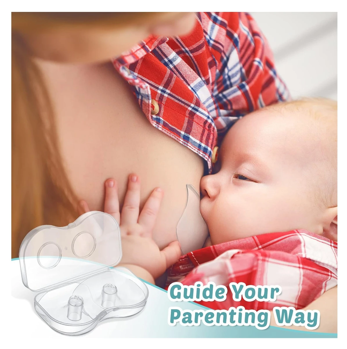 Pezonera en silicona transparente en estuche protector rígido, mostrada junto a una madre amamantando a su bebé para ilustrar su uso en lactancia.