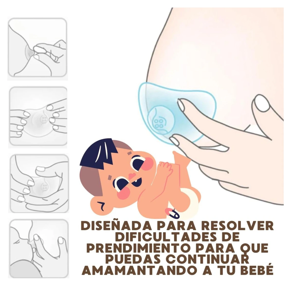 Pezonera de silicona transparente para lactancia colocada sobre el pecho, con esquema de pasos de uso y bebé, diseñada para facilitar el agarre al amamantar.