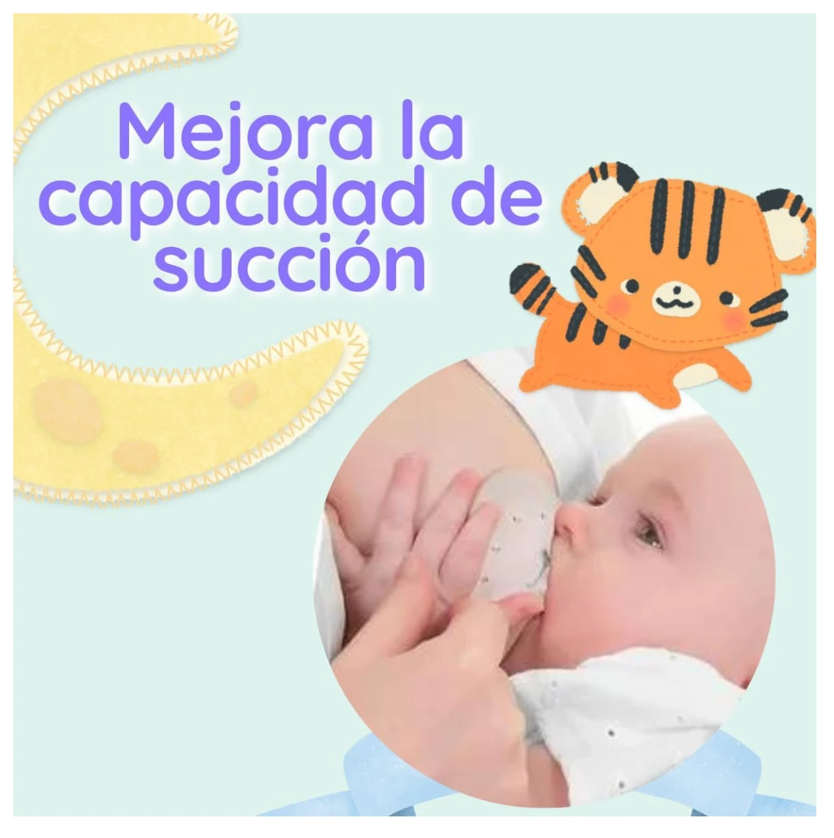 Pezonera de silicona para lactancia materna, diseñada para mejorar la capacidad de succión, puesta sobre el pecho durante el agarre del bebé.