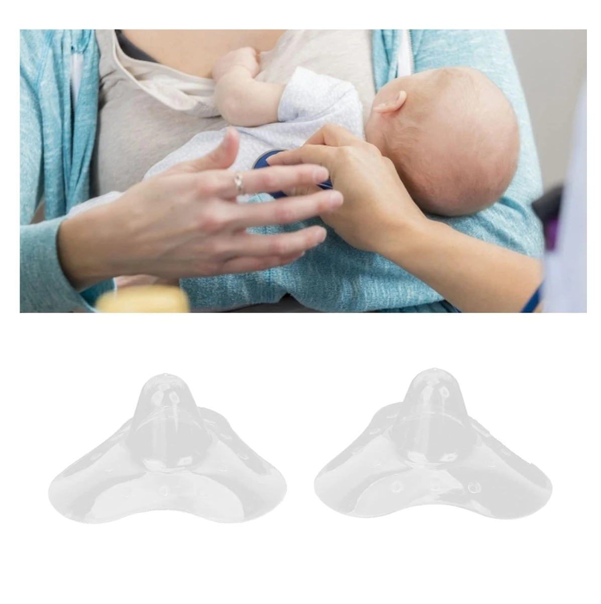 Dos pezoneras de silicona transparente con diseño ergonómico, junto a una escena de un profesional de la salud auscultando a un bebé en brazos.