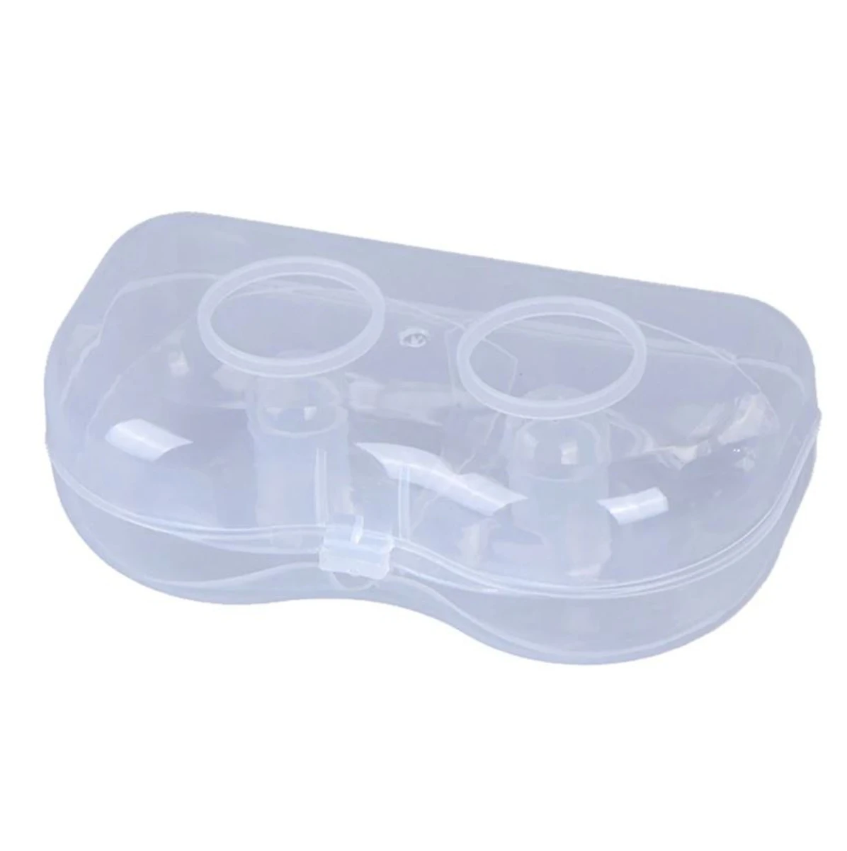 Estuche protector plástico transparente con cierre a presión, diseñado para almacenar pezoneras de lactancia en silicona, vista en ángulo superior.