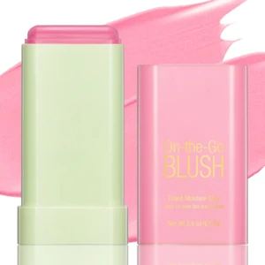 Set de dos rubores en barra "On-the-Go Blush" uno verde pálido y uno rosa, con textura cremosa.