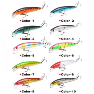 Diez señuelos de pesca duros flotantes en diferentes colores: naranja, azul, verde, plateado, multicolor, verde-rosa, amarillo, blanco-rojo, naranja-amarillo y rayado.