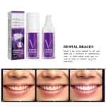 Blanqueador dental de 30 ml en envase dosificador púrpura, acompañado de caja, con texto explicativo y comparativa de resultados de antes y después.