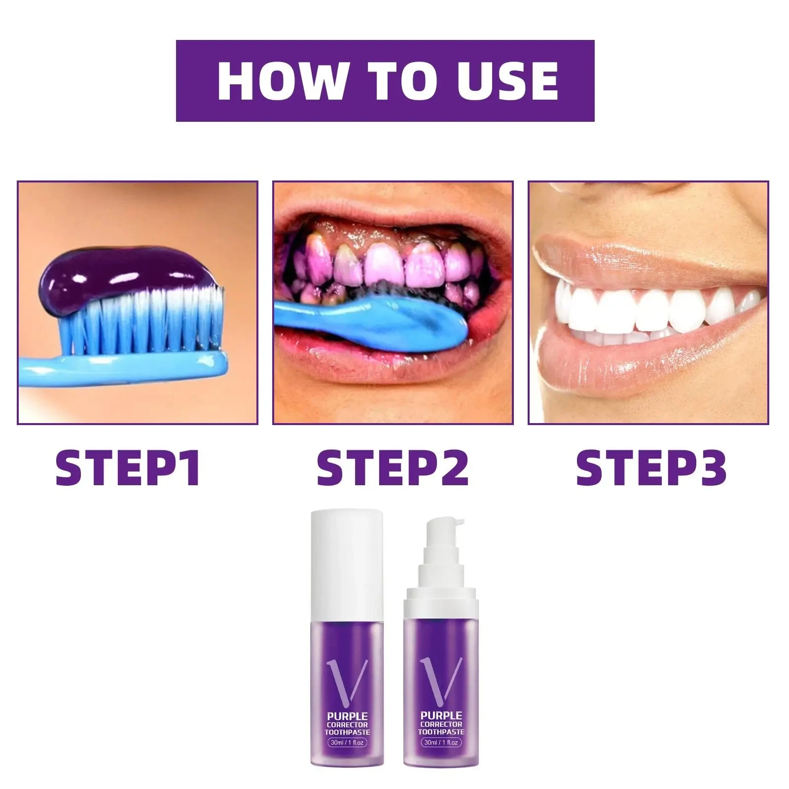 Infografía paso a paso para usar el blanqueador Limpieza Profunda: aplica la crema morada en el cepillo, limpia los dientes y obtén una sonrisa blanca.