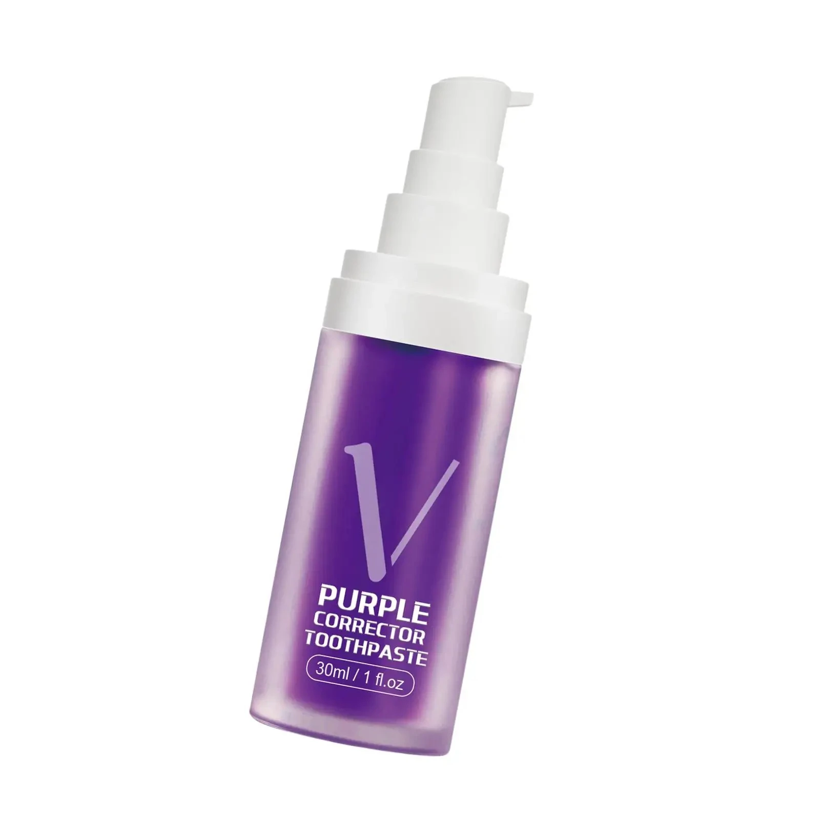 Envase dosificador con 30ml de pasta dental blanqueadora de color morado, con la letra V impresa en el frente para tratamiento de corrección de tono.