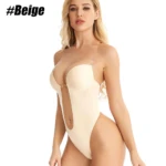 Body beige de escote pronunciado con tiras transparentes, ideal para vestidos.