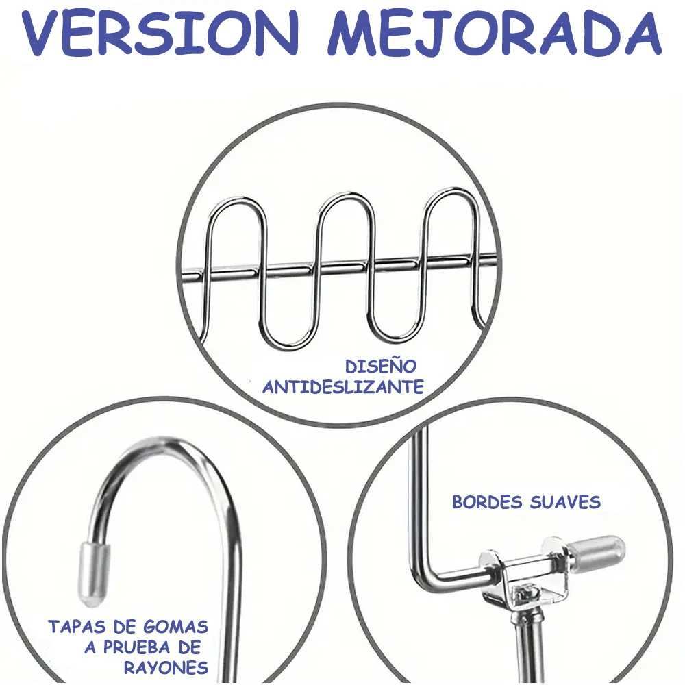 Set x2 ganchos ahorradores de espacio metálicos, diseño antideslizante y tapas a prueba de rayones.