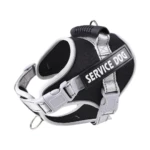 Arnés para perro Service Dog negro con letras blancas reflectantes, asa superior y hebillas grises.