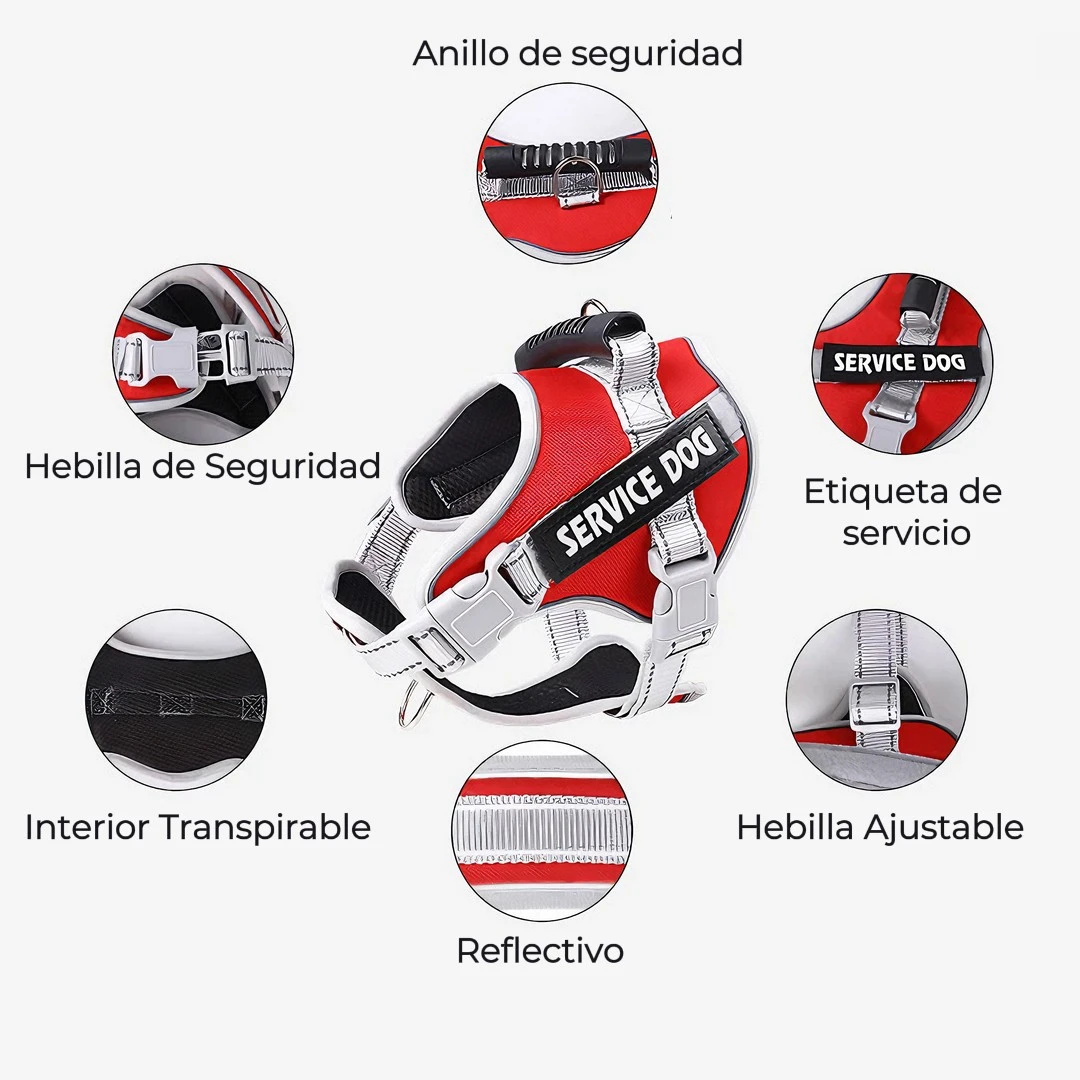 Arnés rojo para perro "Service Dog", reflectante, con hebillas de seguridad y ajustable.
