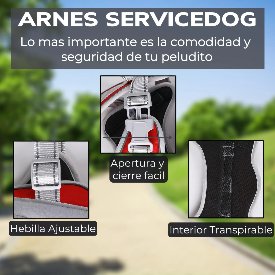 Arnés para perro Service Dog, reflectante, con hebilla ajustable, apertura fácil, interior transpirable.