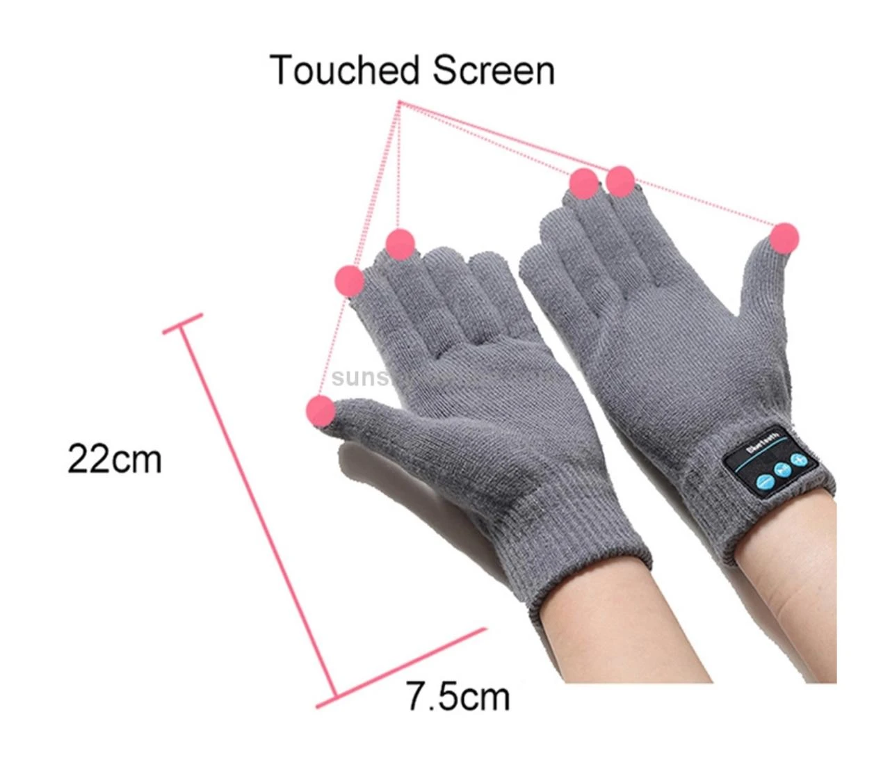 Guantes grises de tejido para pantalla táctil con módulo Bluetooth en la muñeca, medidas 22cm y 7.5cm.