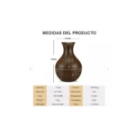 Difusor de aromas de madera oscura, 130ml, 14.5cm alto, con detalles de ventilación y tabla de especificaciones.