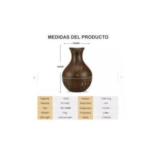 Difusor de aromas de madera oscura, 130ml, 14.5cm alto, con detalles de ventilación y tabla de especificaciones.