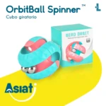 Cubos giratorios OrbitBall Spinner, color turquesa y rosa, con bolas metálicas. Empaque de demostración y logo de Asiati.