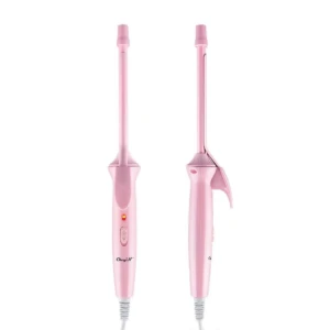 Pinza rizadora delgada rosa de 9mm para ondas y crespos, muestra frontal y lateral.