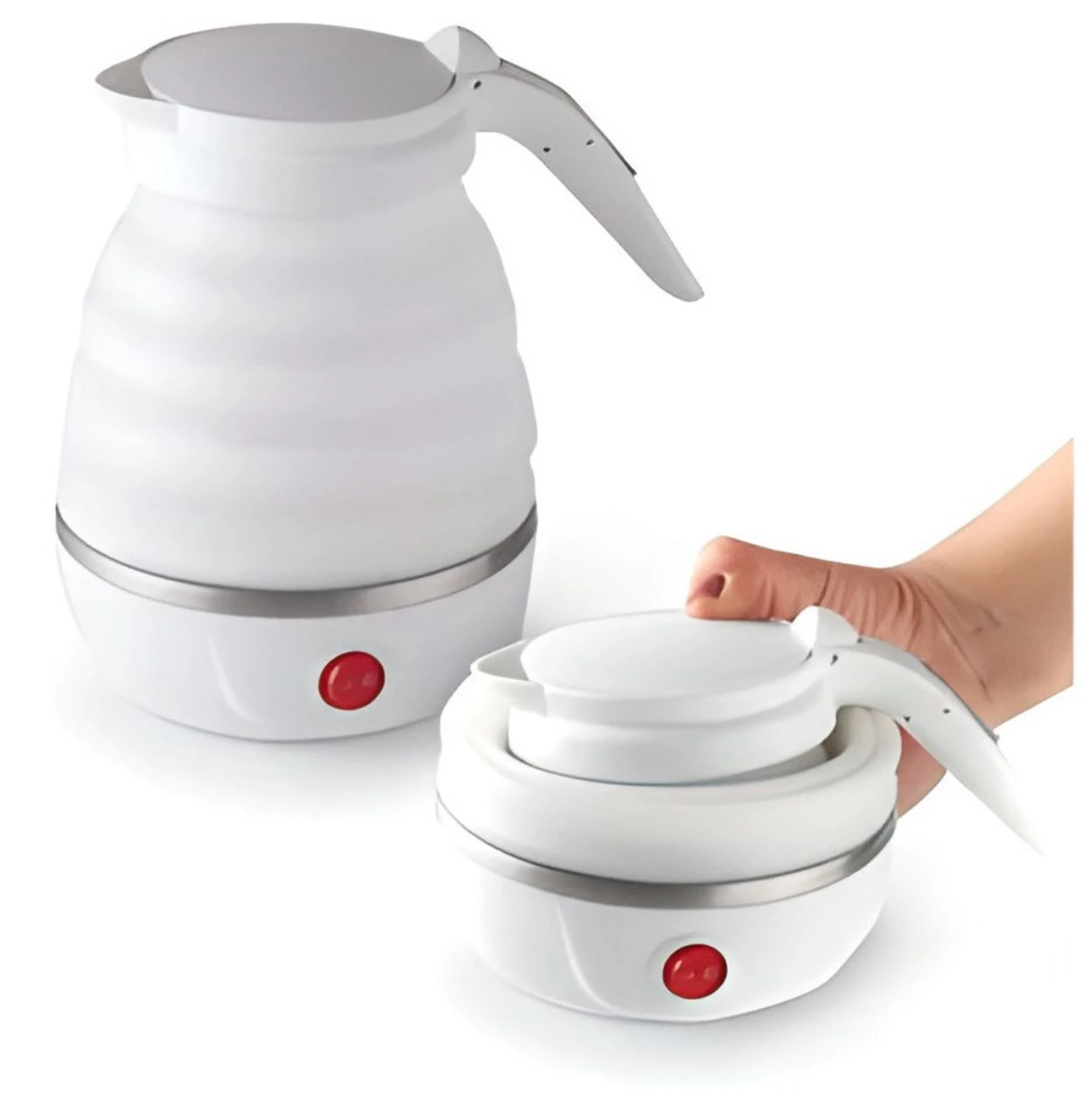 Jarra eléctrica de silicona blanca plegable; muestra el producto en posición extendida y retraída con una mano sosteniendo el formato compacto.