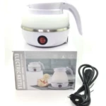 Jarra eléctrica de silicona blanca plegable con base y tapa rígida, incluye caja del producto con imágenes referenciales y cable de alimentación negro.