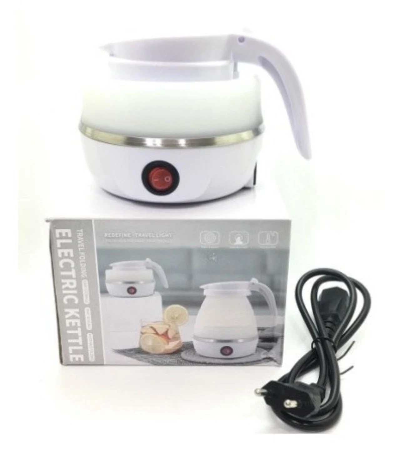 Jarra eléctrica de silicona blanca plegable con base y tapa rígida, incluye caja del producto con imágenes referenciales y cable de alimentación negro.