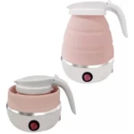 Jarra eléctrica de silicona color rosa con diseño plegable, que muestra el producto extendido y compacto sobre fondo blanco.
