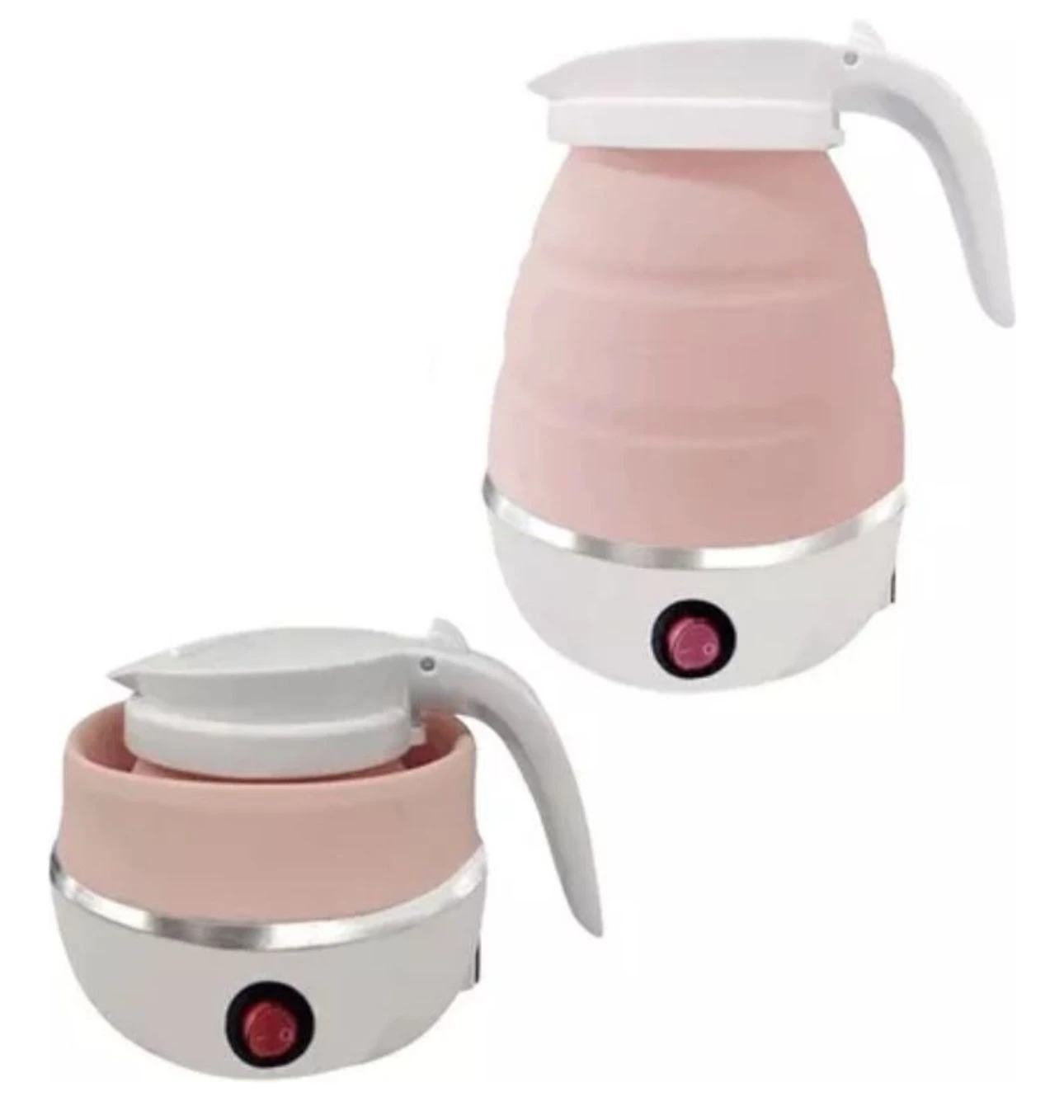 Jarra eléctrica de silicona color rosa con diseño plegable, que muestra el producto extendido y compacto sobre fondo blanco.