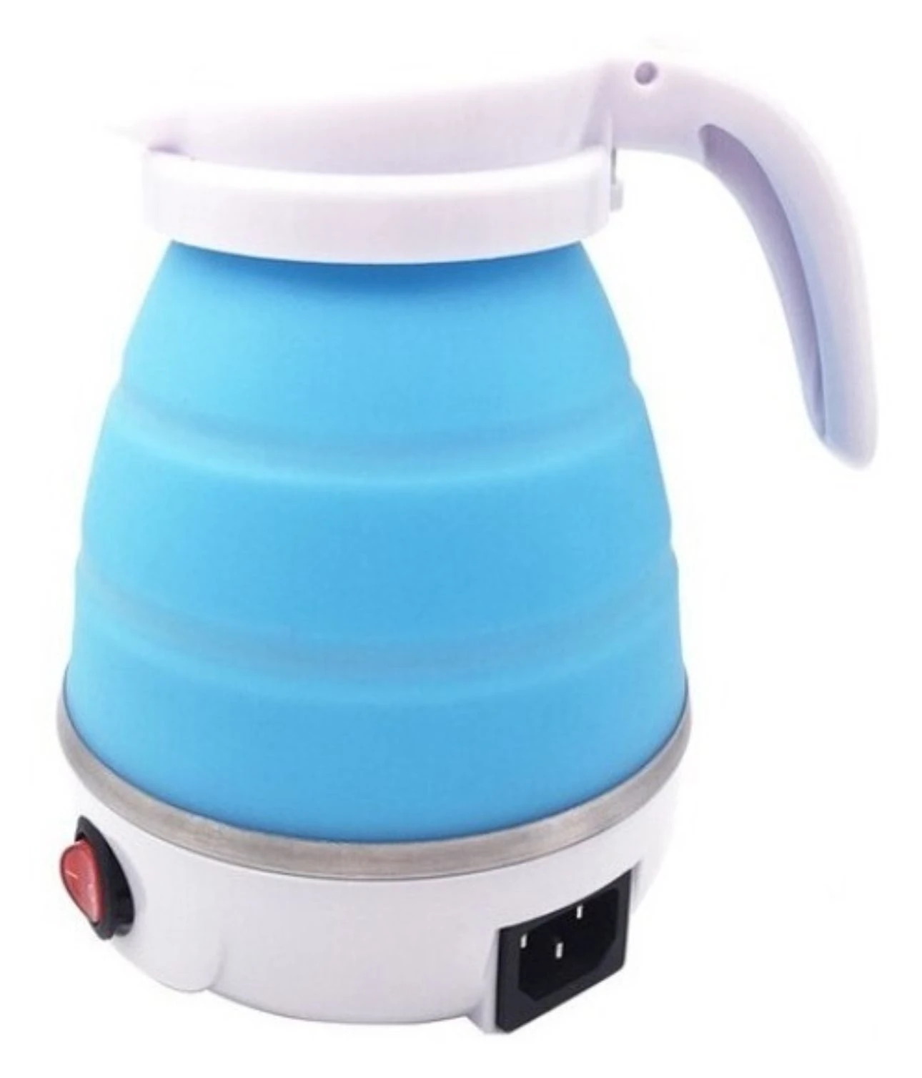 Jarra eléctrica portátil de silicona color azul, diseño plegable con base blanca, interruptor lateral y conector de energía integrado.