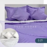 Plumón nórdico doble faz para cama doble, lavanda con rayas finas y cojines a juego.