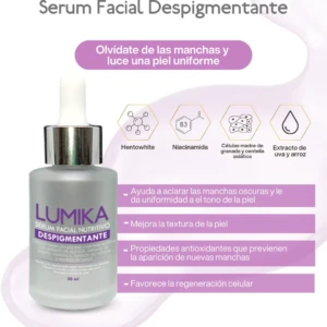 Serum facial despigmentante Lumika con extractos botánicos para aclarar manchas y unificar el tono de la piel.
