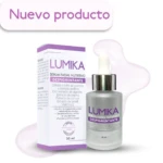 Serum Lumika facial nutritivo despigmentante con células madre de granada, pepino y vitamina E, en envase de vidrio con gotero.