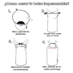 Pasos para cerrar bolso impermeable Ocean Pac: abrir, guardar elementos, enrollar y abrochar.