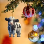 Adorno de vaquita de peluche colgante para árbol de Navidad, blanco y negro.